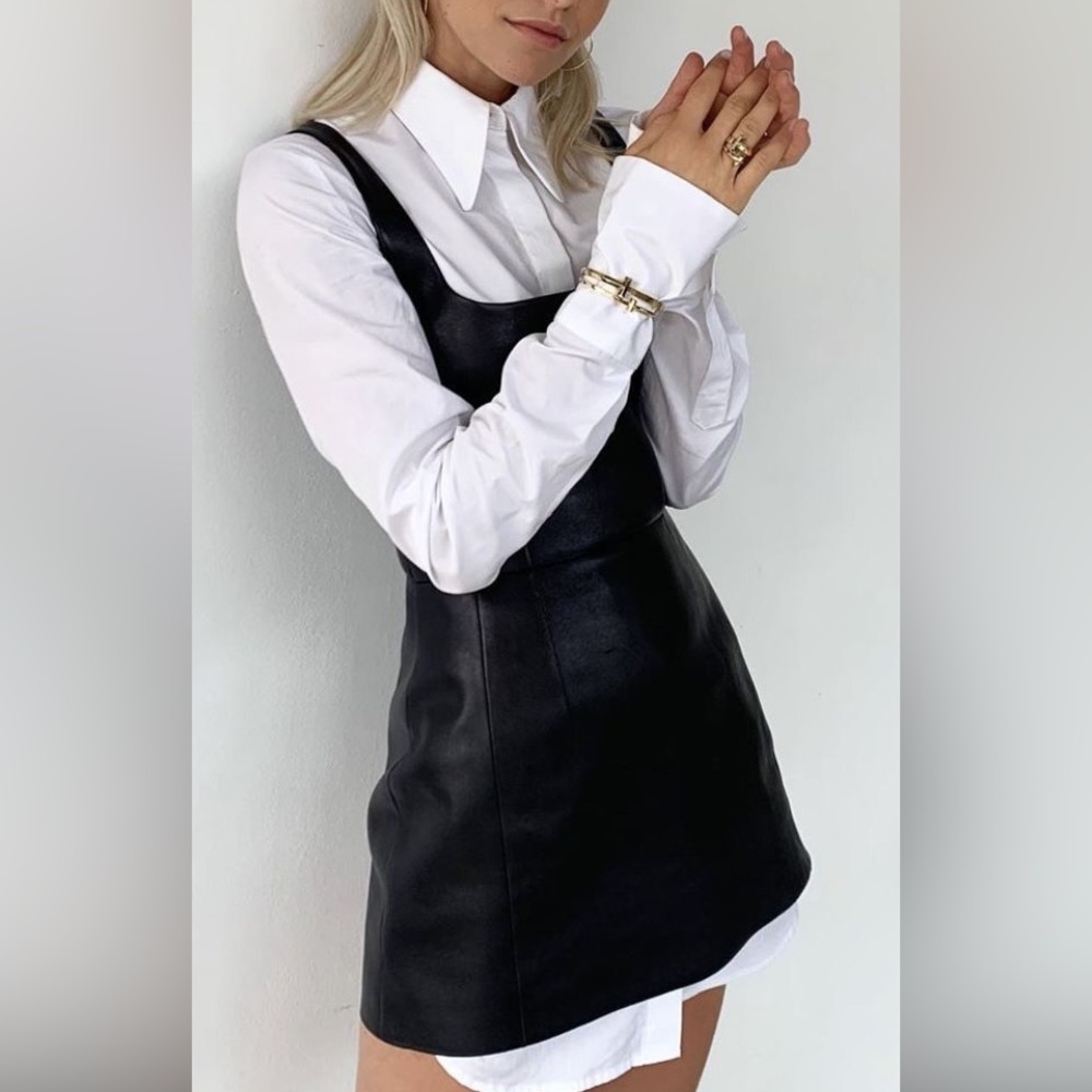 Faux leather pinafore mini dress and white shirt dress SET